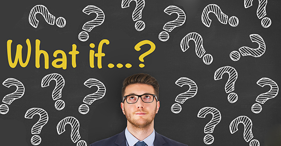 A business man against a gray background looks up at the text "What if...?" written in yellow as question marks scatter the background.