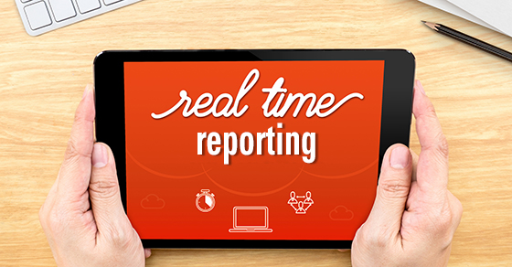 Two hands holding up an iPad that states "Real Time Reporting" with icons of a timer, laptop, and three connected individuals.