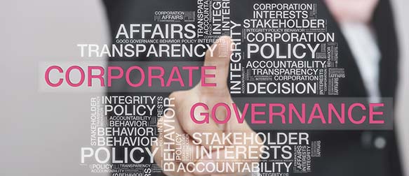 An individual in a suit points to a word cloud where "Corporate" and "Governance" are the largest words and are written in pink text.