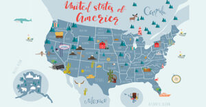 An animated map of the United States with objects on each state that best describes them.