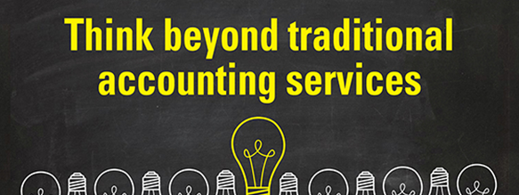 Black board background with the text "Think beyond traditional accounting services" in bright yellow, with light bulbs lining the bottom of the graphic.